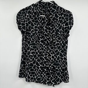 White House Black Market Animal Pattern Silk Blouse Womens S Button Down Tie